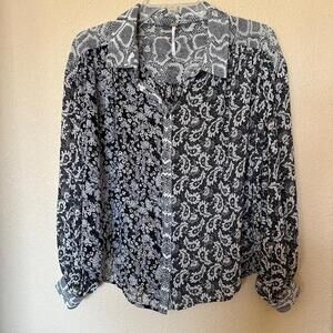 FREE PEOPLE Dani Blouse Long Sleeve Button Up Black/Gray Boho Slouchy Size XS